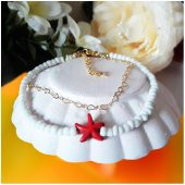 Altın Kaplama Kalpli Zincir Beyaz Kesme Boncuk İkili Kadın Deniz Yıldızı Halhal thumbnail 2