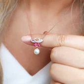 Vaoov 925 Ayar Gümüş Kelebek ve İncili Kolye thumbnail 4