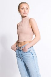 Kadın Bej Crop Top Fitilli Polo Yaka Fermuarlı Bluz - 1