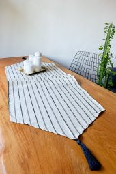 Çizgili Keten Püsküllü Dekoratif Runner 50x150 cm - 1