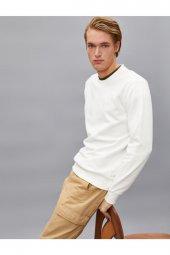Erkek Beyaz Pamuklu Basic Bisiklet Yaka Uzun Kollu Sweatshirt - 1