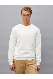 Erkek Beyaz Pamuklu Basic Bisiklet Yaka Uzun Kollu Sweatshirt - 2