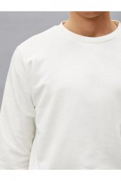 Erkek Beyaz Pamuklu Basic Bisiklet Yaka Uzun Kollu Sweatshirt - 4