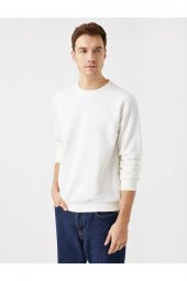 Erkek Beyaz Pamuklu Basic Bisiklet Yaka Uzun Kollu Sweatshirt - 6