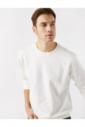 Erkek Beyaz Pamuklu Basic Bisiklet Yaka Uzun Kollu Sweatshirt - 7