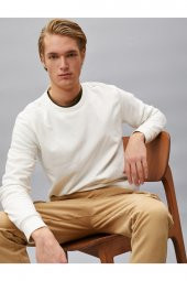 Erkek Beyaz Pamuklu Basic Bisiklet Yaka Uzun Kollu Sweatshirt - 8