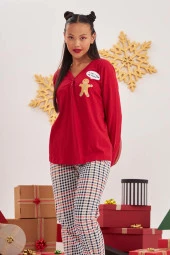 Kırmızı Kaşkorse Düğmeli Pijama Takımı thumbnail 3