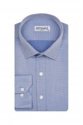 Slim Fit Armür Desenli Mavi Erkek Gömlek - 1