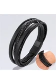 Erkek Deri Bileklik Siyah Manyetik Toka Örgülü Bileklik - 1