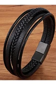 Erkek Hakiki Deri Bileklik Siyah Manyetik Toka Örgülü Bileklik - 1