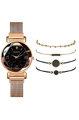 Kadın Kol Saati Lüks Moda Şık Trend Set Saat Rose Gold Renk + 4 Adet Bileklik thumbnail 1