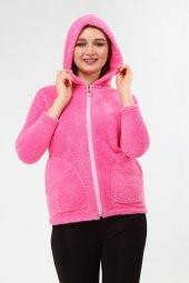 Peluş Kapüşonlu Mont - Pembe - 1