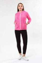Peluş Kapüşonlu Mont - Pembe - 4