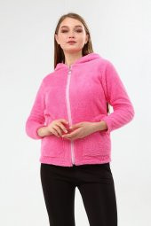 Peluş Kapüşonlu Mont - Pembe - 5