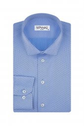 Slim Fit Armür Desenli Mavi Erkek Gömlek thumbnail 7