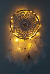 Led Işıklı Düş Kapanı Dreamcatcher Beyaz Kuş Tüyü Rüya Kapanı Duvar Süsü Elişi - 1