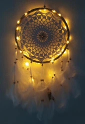 Led Işıklı Düş Kapanı Dreamcatcher Beyaz Kuş Tüyü Rüya Kapanı Duvar Süsü Elişi - 3