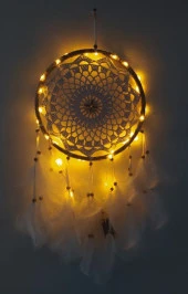Led Işıklı Düş Kapanı Dreamcatcher Beyaz Kuş Tüyü Rüya Kapanı Duvar Süsü Elişi - 4