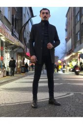 RETRO CEP VE FERMUAR DETAYLI KÜRKLÜ YAKA  KAŞE KABAN PALTO SİYAH - 7
