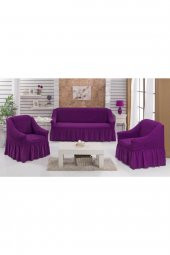 Patlıcan Moru Renk Bürümcük Oturma Gurubu 2 Berjer 1 Koltuk Örtüsü 3 Adet Kılıf - 1