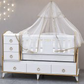 Garaj Home Elfin Gold 60x120 Uzayan Asansörlü Lüks Uyku Setli Beşik Kombini-UYKU SETİ-PEMBE - 1