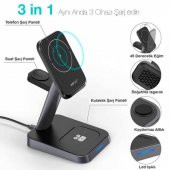 Polham 3in1 15W Manyetik Magsafe Kablosuz Şarjlı Telefon, Saat ve Kulaklık Şarj Standı - 2
