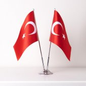 Türkiye 2li Masa Bayrağı Saten Kumaş Dijital Baskı 15x22,5 cm - 1