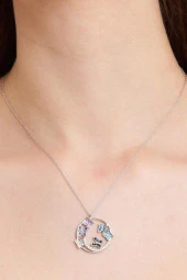 Yuvarlak Kelebekli Beyaz Renk Gümüş Kadın Kolye - 8