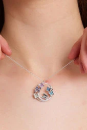 Yuvarlak Kelebekli Beyaz Renk Gümüş Kadın Kolye - 7