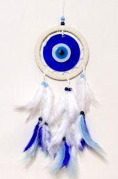 Kuş Tüylü Dream Catcher Mavi Nazar Boncuklu Düş Kapanı Duvar Süsü thumbnail 2