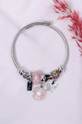 Kadın Charmlı Kelebek Papatya  Çelik Bileklik Rose Gold - 3