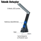 Polham 7in1 15W Kablosuz Şarjlı Katlanabilir Masa Lambası, 3 Modlu Işık, Saatli,Alarmlı Masa Lambası - 9