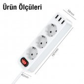 Polham 1.8 Metre 4000W Akım Korumalı 3 Priz, 3 USB Girişli Priz, 3lü Uzatma Kablosu Priz,Ultra Hızlı - 4