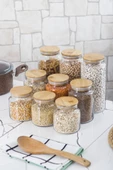 9 Lu Set Bambu Kapaklı Cam Kavanoz & Erzak Saklama Kabı 3 X (1.3 LT 0.80 LT 0.50  LT ( Vakum Kapak ) - 1
