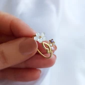 Vaoov 925 Ayar Gümüş Sedef Çiçekli Taşlı Bayan Yüzük thumbnail 3