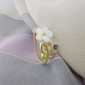 Vaoov 925 Ayar Gümüş Sedef Çiçekli Taşlı Bayan Yüzük thumbnail 5