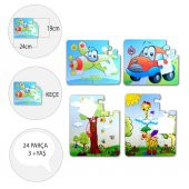 4 Set - 48 Parça Tox Uçak, Araba ve Zürafa 3+ Keçe Yapboz - 3 Yaş Puzzle T004 T043 - 4