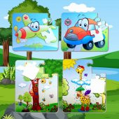 4 Set - 48 Parça Tox Uçak, Araba ve Zürafa 3+ Keçe Yapboz - 3 Yaş Puzzle T004 T043 - 5