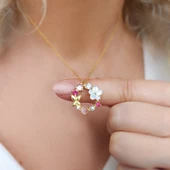 Vaoov 925 Ayar Gümüş Pembe Taşlı Sedef Çiçekli Kolye thumbnail 3