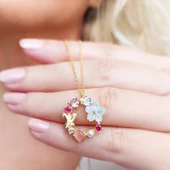 Vaoov 925 Ayar Gümüş Pembe Taşlı Sedef Çiçekli Kolye thumbnail 2