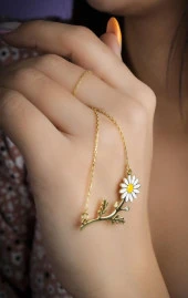 Gold Renk Papatya Model Gümüş Kolye - 7