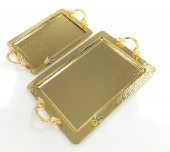 Dalgıç Gümüş 2 li Tepsi Set Dikdörtgen Dövme Altın Renk - 1