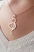 Gümüş Kedi Figürlü Kalp Kolye - 1