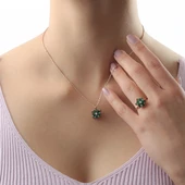 Gümüş Yeşil Taşlı Lotus Çiçeği Kolye Yüzük Mini Set - 1