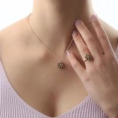 Gümüş Yeşil Taşlı Lotus Çiçeği Kolye Yüzük Mini Set - 1