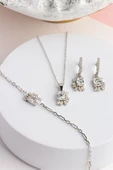 Gümüş Oval Taşlı Kolye Küpe Bileklik Set - 1