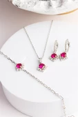 Gümüş Yuvarlak Yakut Taşlı Kolye Küpe Bileklik Set - 1