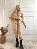 Kadın Kapüşonlu Paçası Lastikli Eşofman Takımı Bej - 5