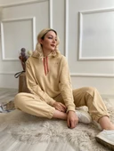 Kadın Kapüşonlu Paçası Lastikli Eşofman Takımı Bej - 3