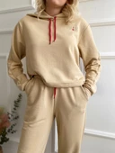 Kadın Kapüşonlu Paçası Lastikli Eşofman Takımı Bej - 8